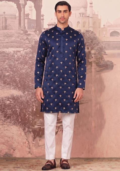 Navy Blue Handwork Silk Kurta Set
