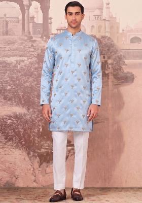Sky Blue Handwork Silk Blend Kurta Set
