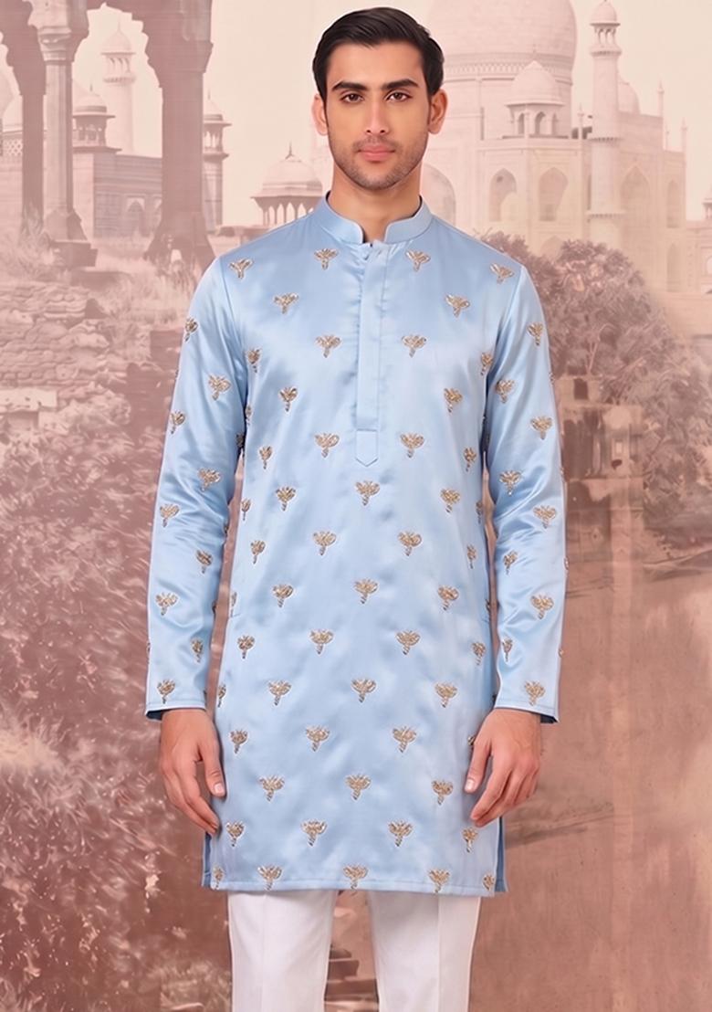 Sky Blue Handwork Silk Blend Kurta Set - Indya