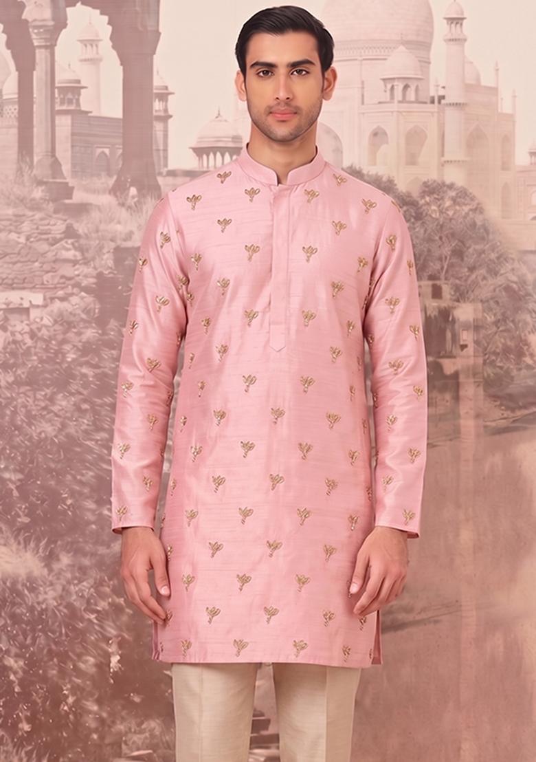 Light Pink Handwork Silk Blend Kurta Set - Indya