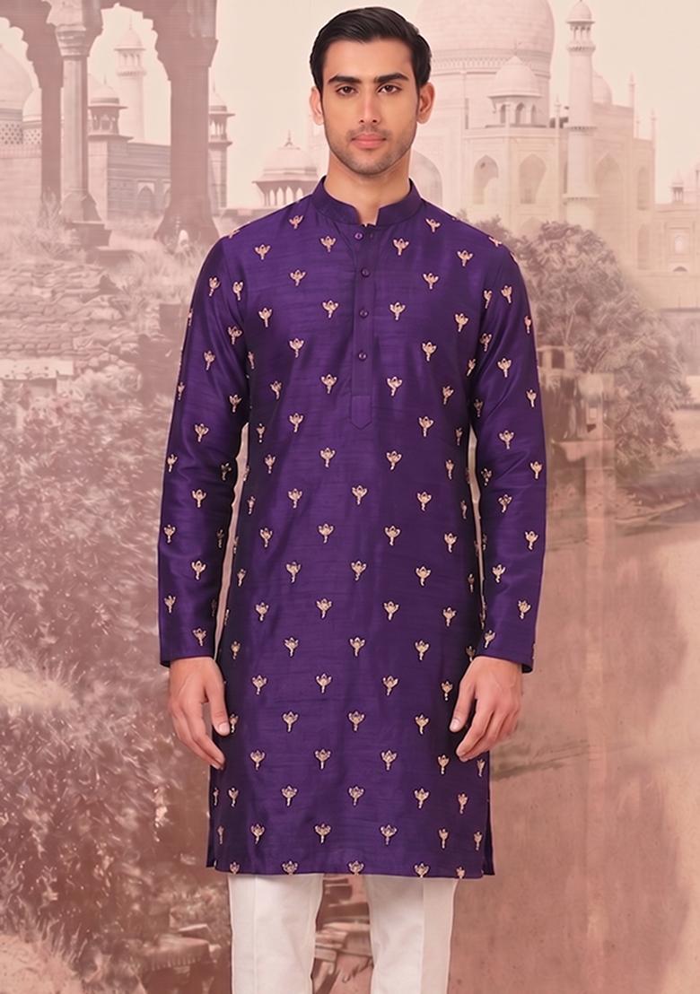 Purple Handwork Silk Blend Kurta Set - Indya