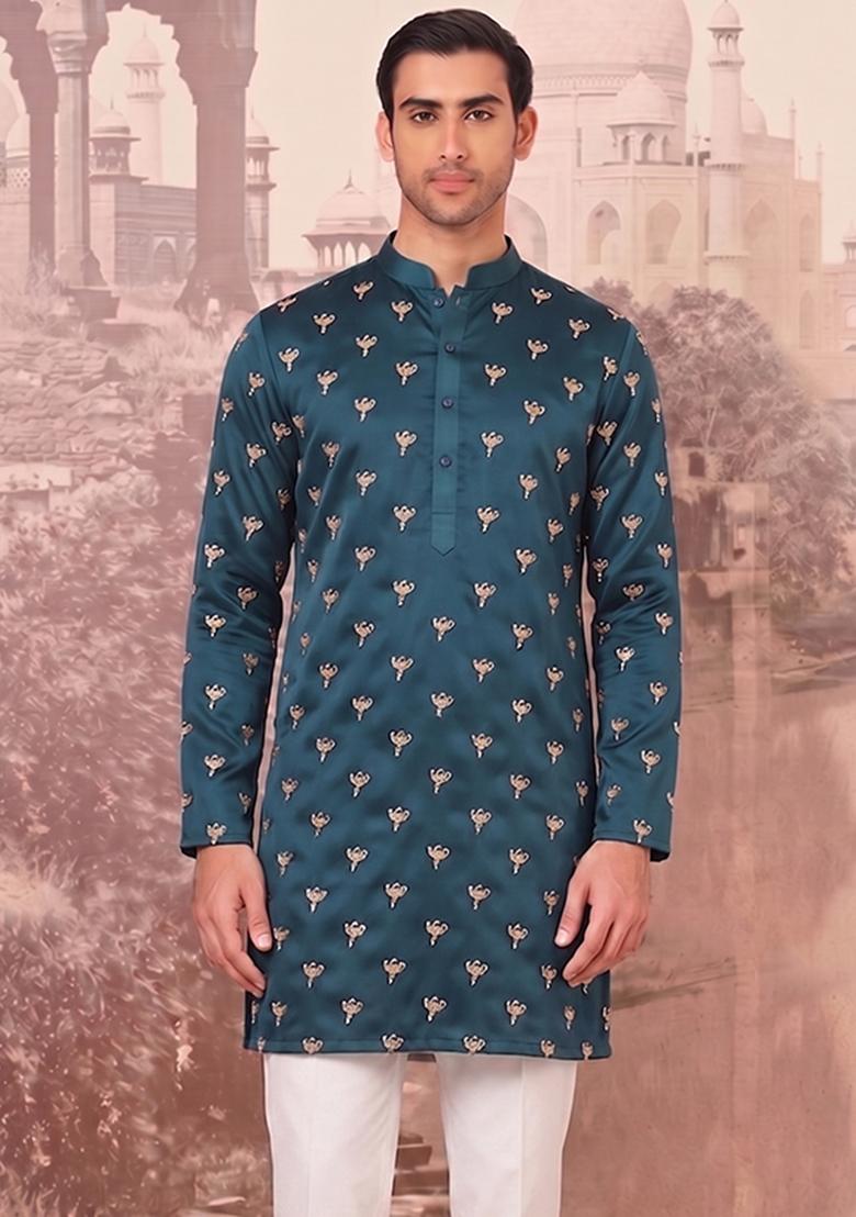 Teal Handwork Silk Blend Kurta Set - Indya