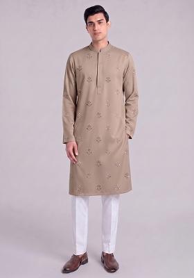 Beige Handwork Satin Kurta Set