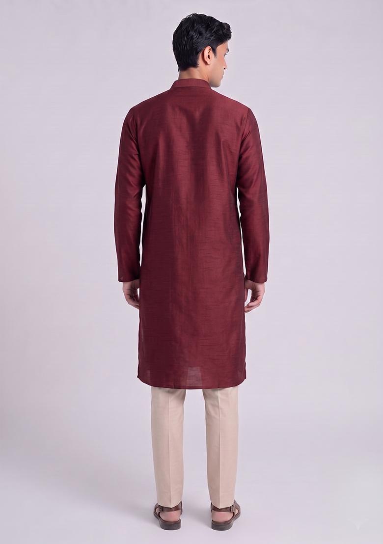 Maroon Handwork Satin Kurta Set - Indya