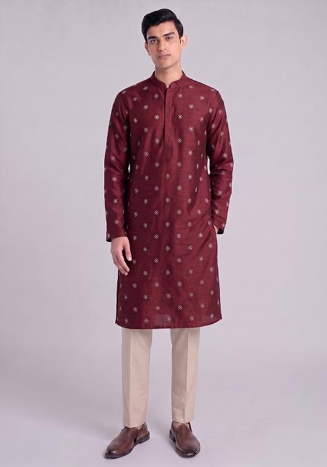 Maroon Handwork Satin Kurta Set