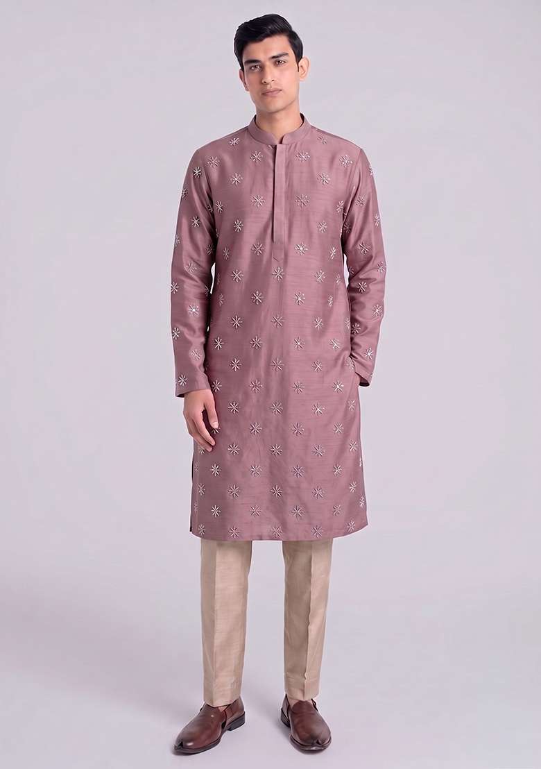 Mauve Handwork Satin Kurta Set - Indya