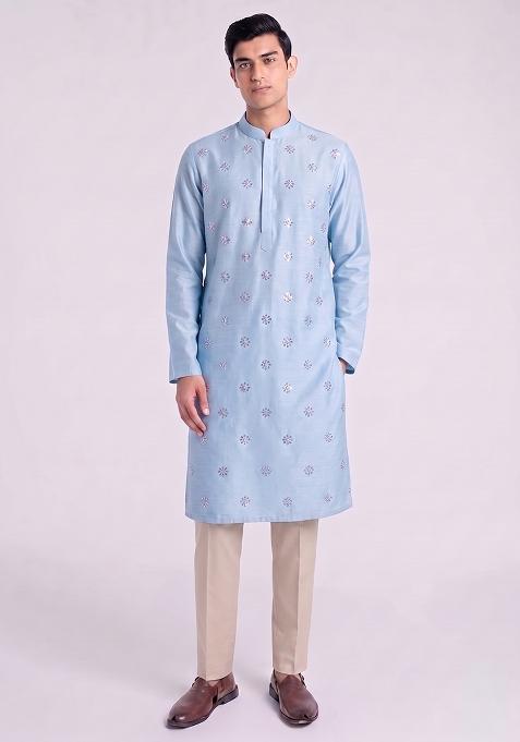 Sky Blue Handwork Satin Kurta Set