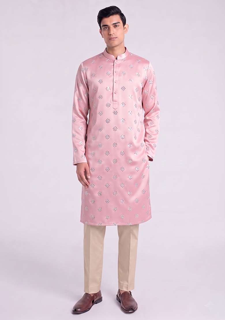 Light Pink Handwork Satin Kurta Set - Indya