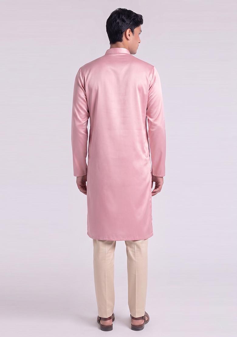 Light Pink Handwork Satin Kurta Set - Indya