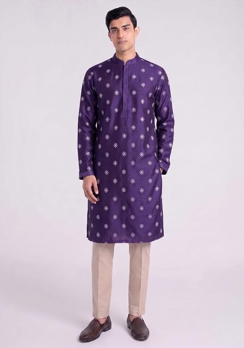 Purple Handwork Satin Kurta Set