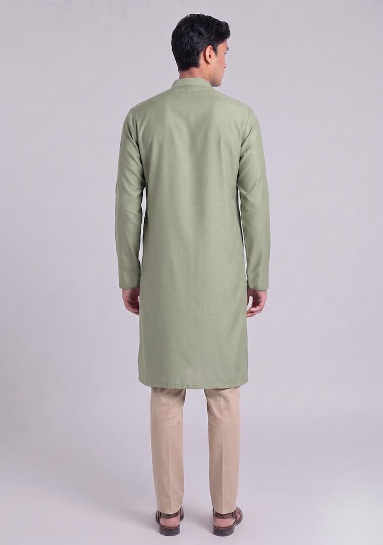Sage Green Handwork Satin Kurta Set - Indya