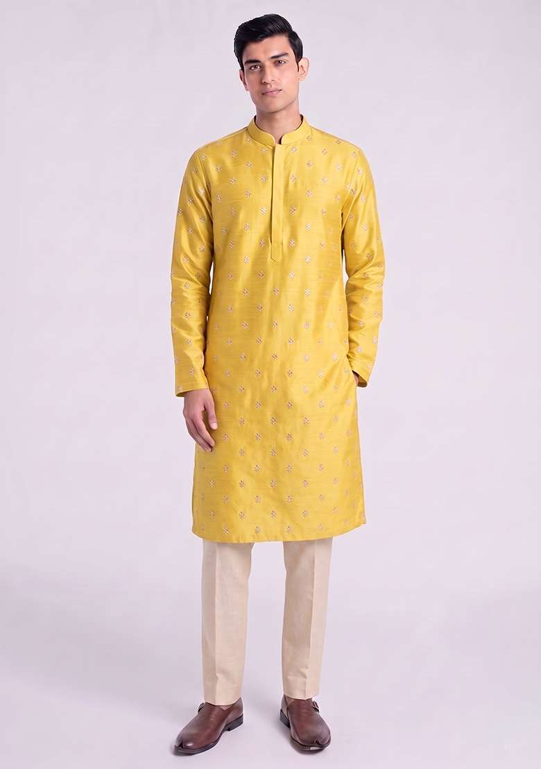 Mustard Handwork Satin Kurta Set - Indya