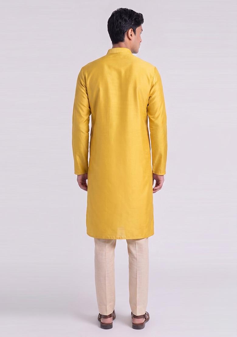 Mustard Handwork Satin Kurta Set - Indya