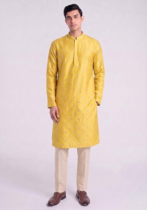 Mustard Handwork Satin Kurta Set