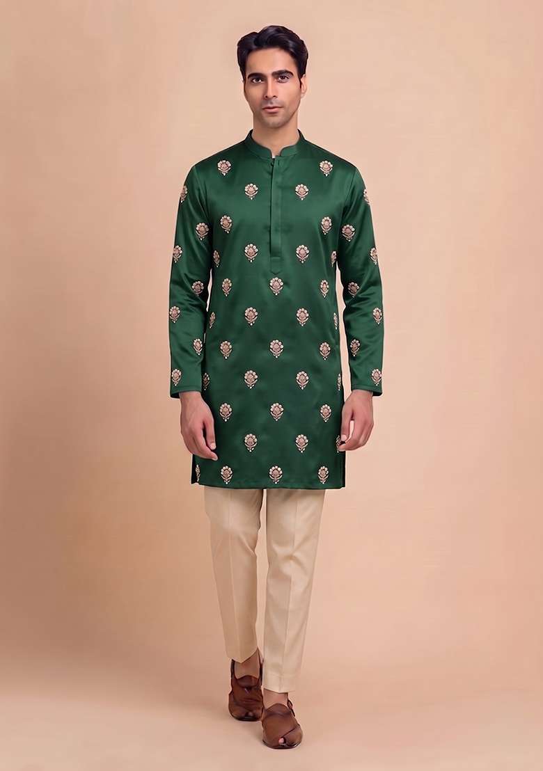 Bottle Green Handwork Satin Kurta Set - Indya