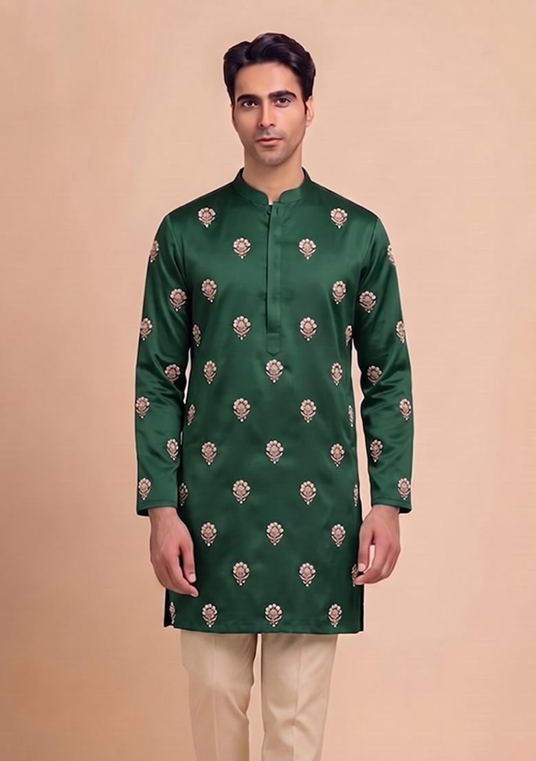 Bottle Green Handwork Satin Kurta Set - Indya