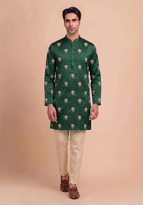 Bottle Green Handwork Satin Kurta Set