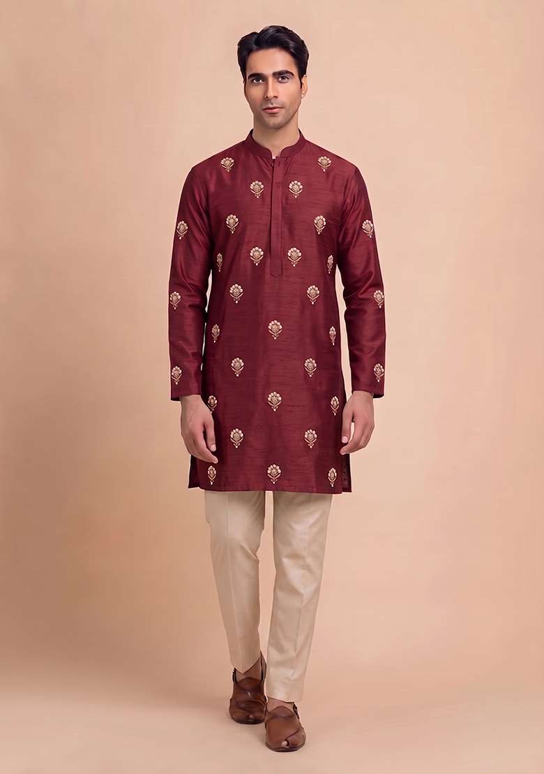 Maroon Handwork Satin Kurta Set - Indya
