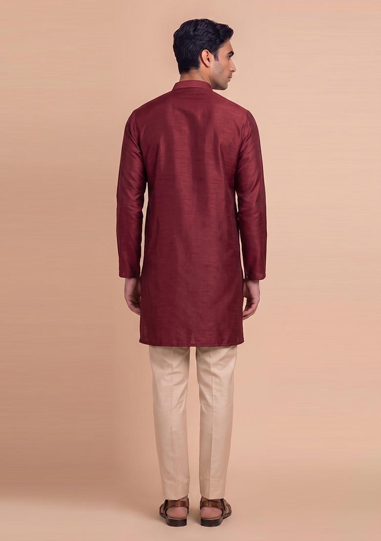 Maroon Handwork Satin Kurta Set - Indya