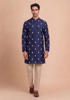 Navy Blue Handwork Satin Kurta Set