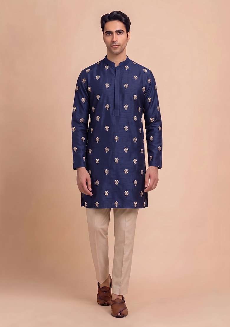 Navy Blue Handwork Satin Kurta Set - Indya