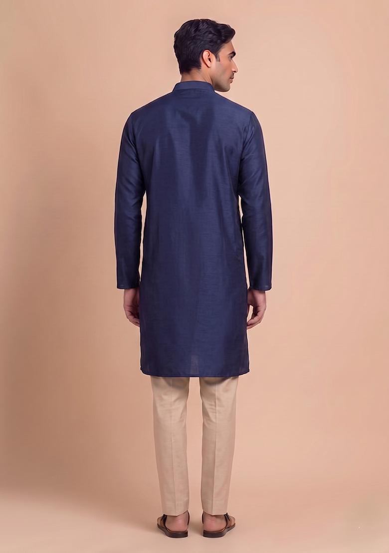 Navy Blue Handwork Satin Kurta Set - Indya