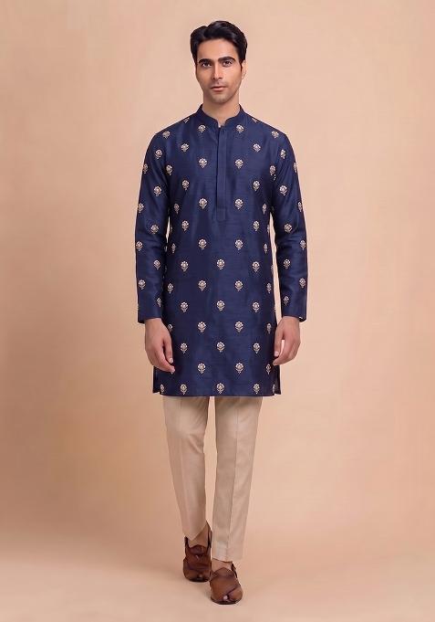 Navy Blue Handwork Satin Kurta Set