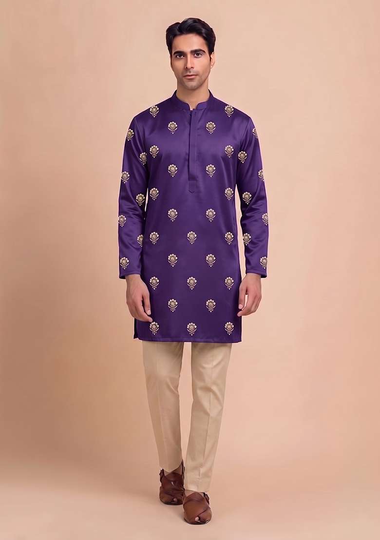 Purple Handwork Satin Kurta Set - Indya
