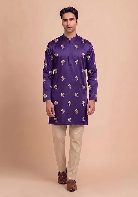 Purple Handwork Satin Kurta Set
