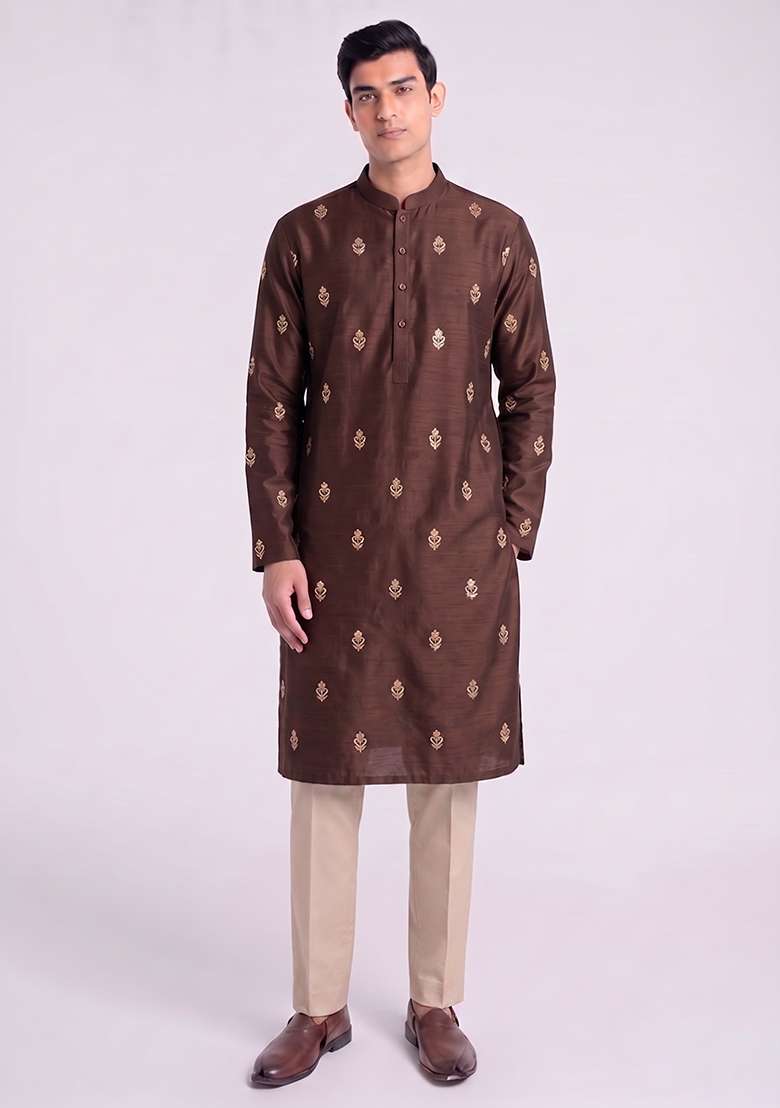 Dark Brown Handwork Silk Blend Kurta Set - Indya