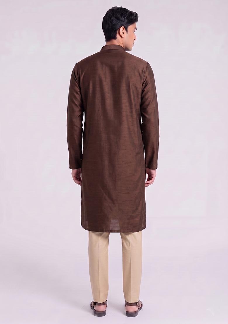 Dark Brown Handwork Silk Blend Kurta Set - Indya