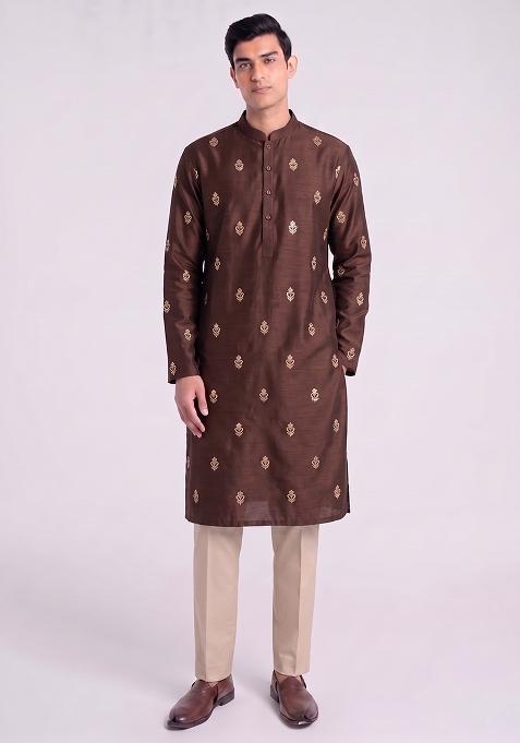 Dark Brown Handwork Silk Kurta Set