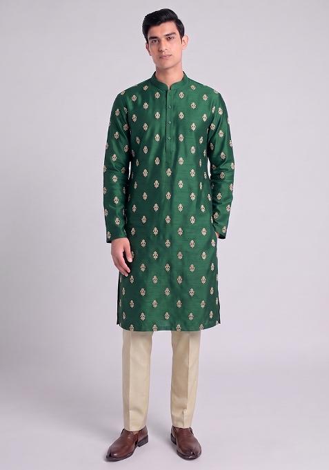 Bottle Green Handwork Silk Kurta Set