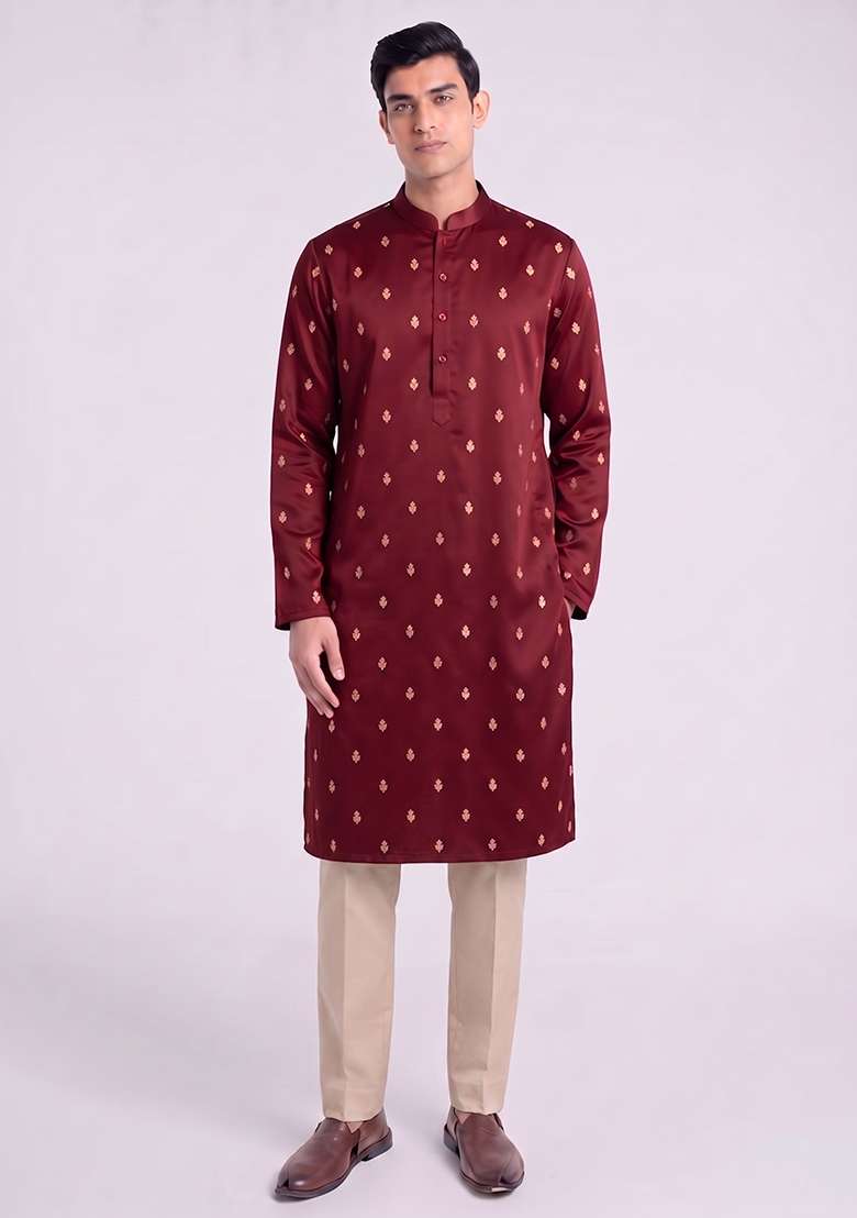 Maroon Handwork Silk Blend Kurta Set - Indya