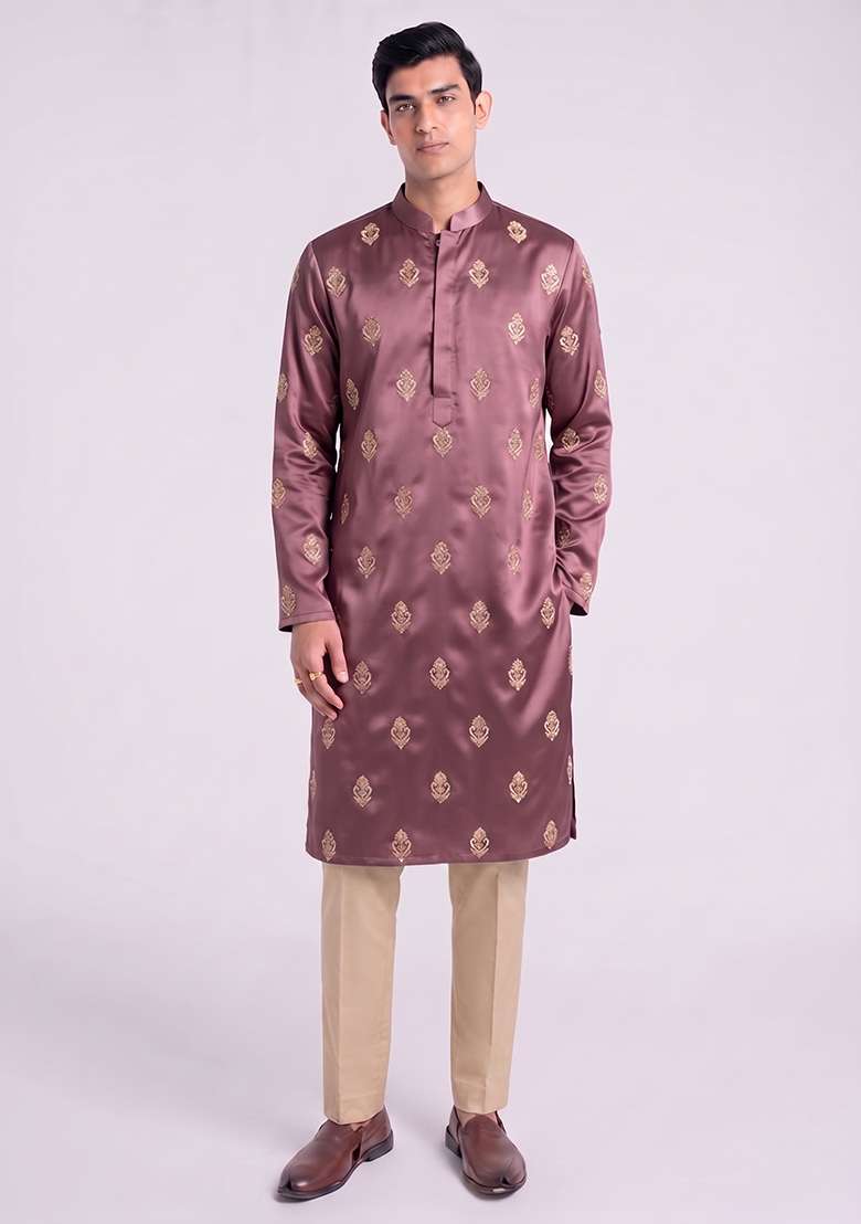 Mauve Handwork Silk Blend Kurta Set - Indya