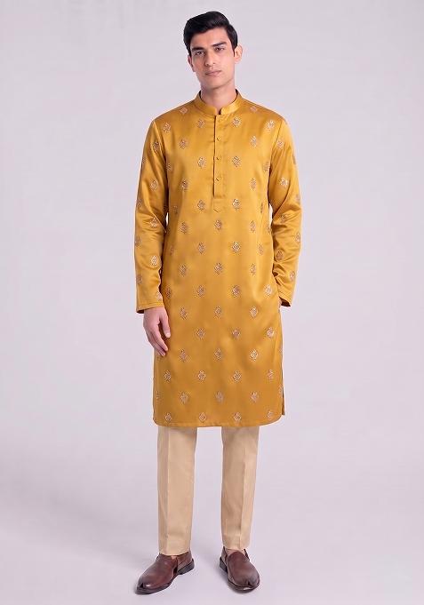 Mustard Handwork Silk Kurta Set