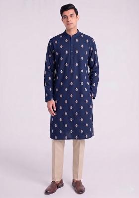 Navy Blue Handwork Silk Blend Kurta Set