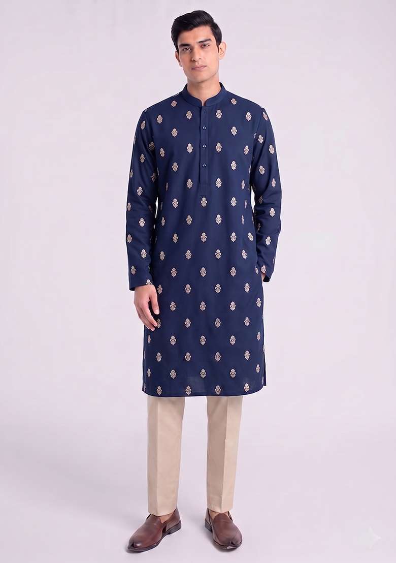 Navy Blue Handwork Silk Blend Kurta Set - Indya
