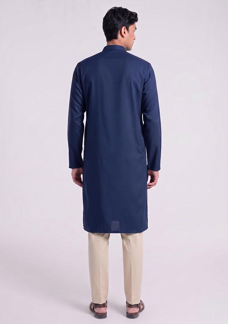 Navy Blue Handwork Silk Blend Kurta Set - Indya