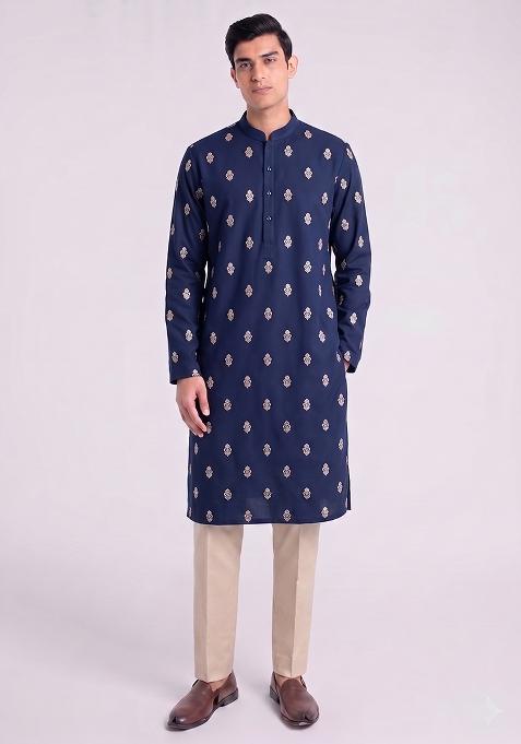 Navy Blue Handwork Silk Kurta Set