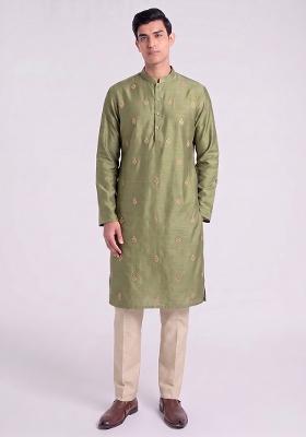 Olive Green Handwork Silk Blend Kurta Set