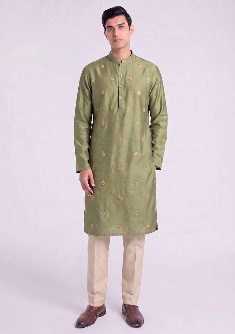 Olive Green Handwork Silk Blend Kurta Set - Indya