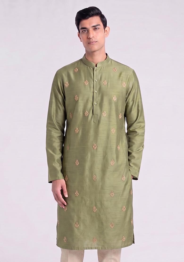 Olive Green Handwork Silk Blend Kurta Set - Indya