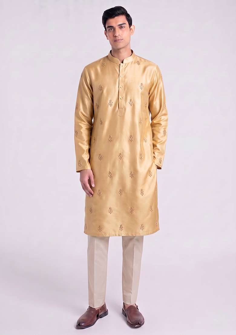 Gold Handwork Silk Blend Kurta Set - Indya