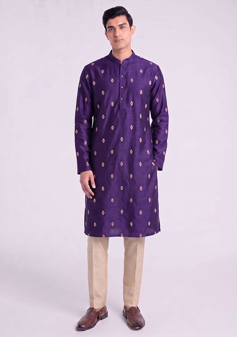 Purple Handwork Silk Blend Kurta Set - Indya