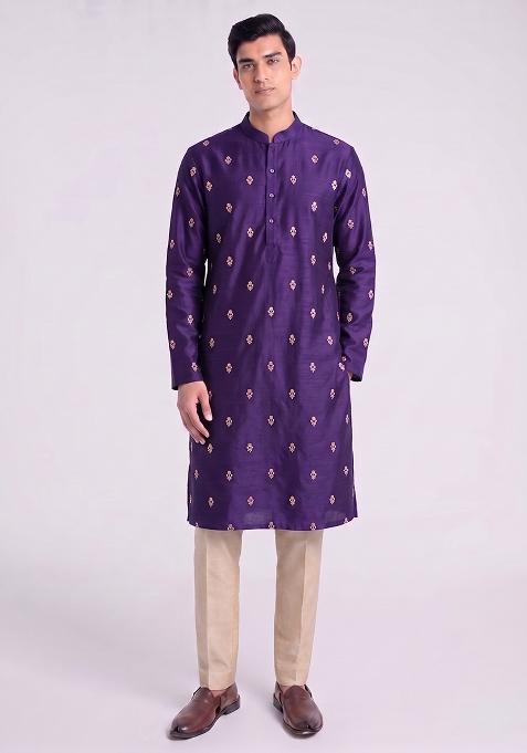 Purple Handwork Silk Kurta Set