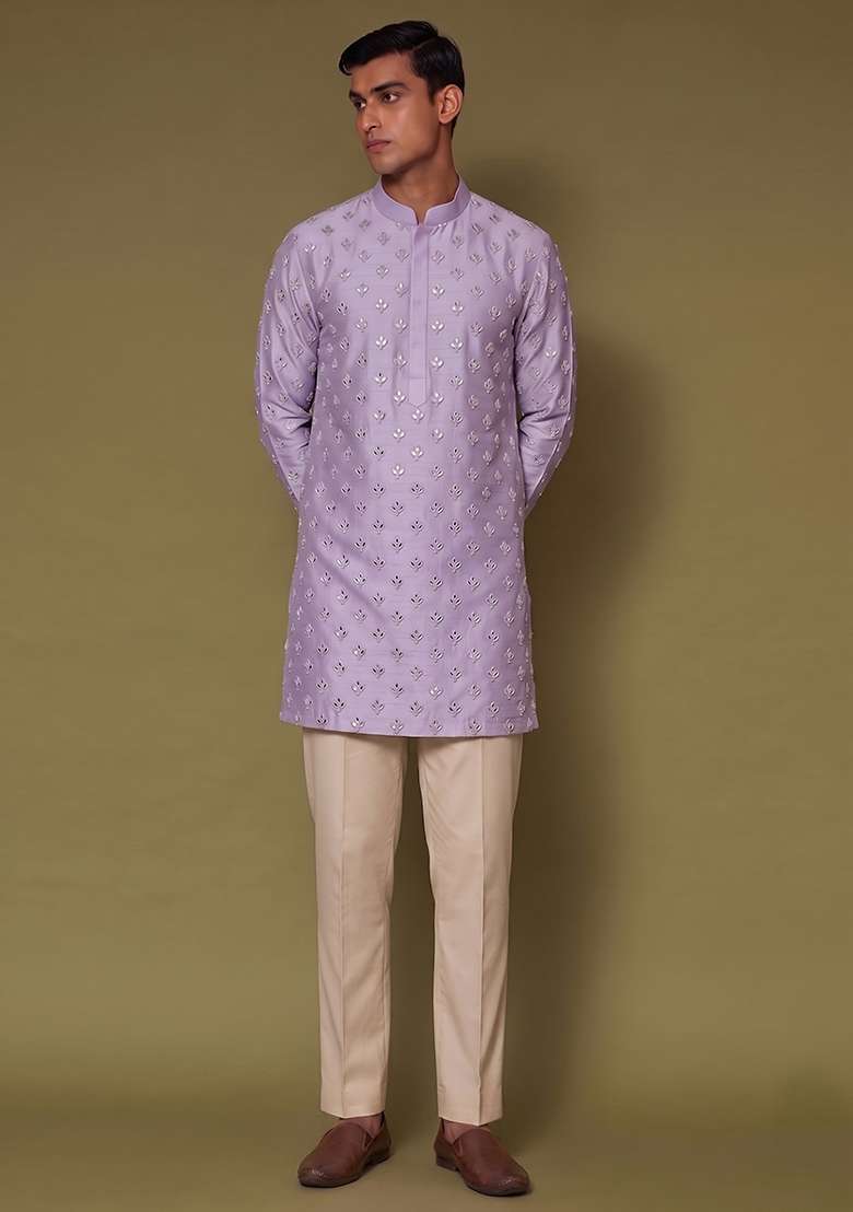 Lilac Handwork Silk Blend Kurta Set - Indya