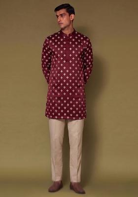 Maroon Handwork Silk Blend Kurta Set