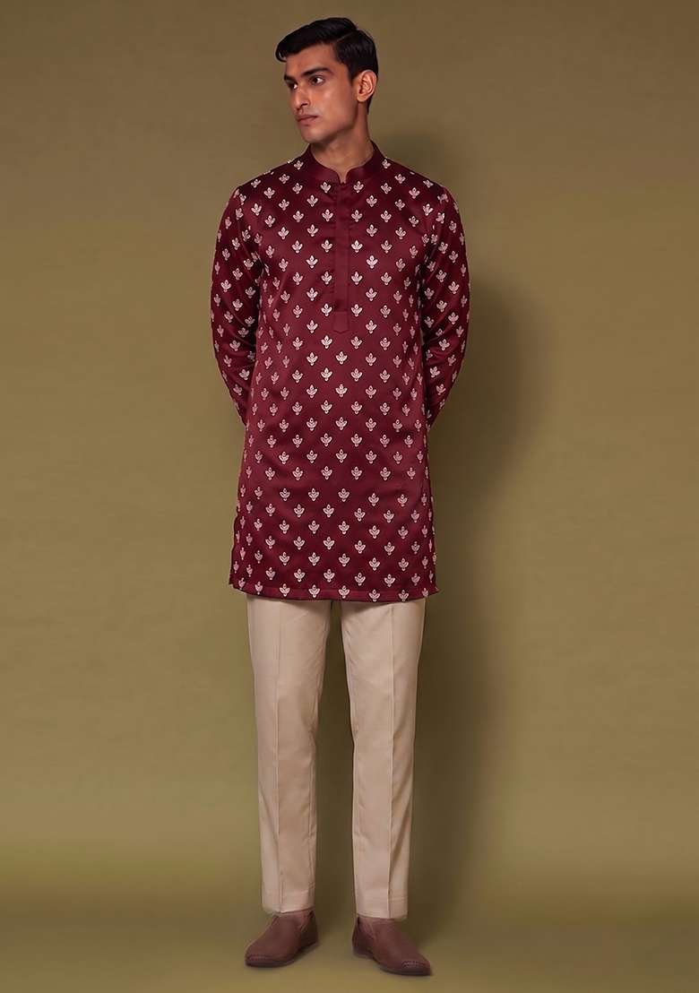Maroon Handwork Silk Blend Kurta Set - Indya