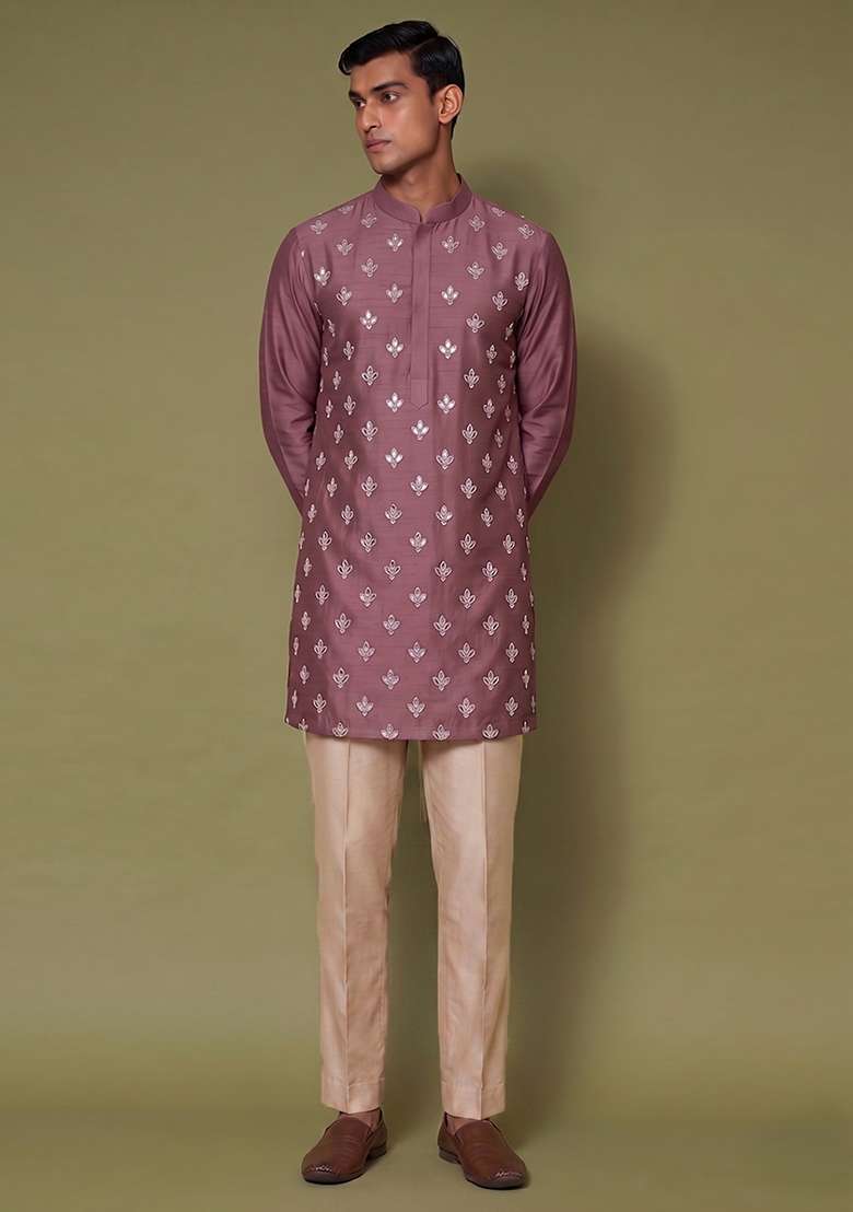 Mauve Handwork Silk Blend Kurta Set - Indya